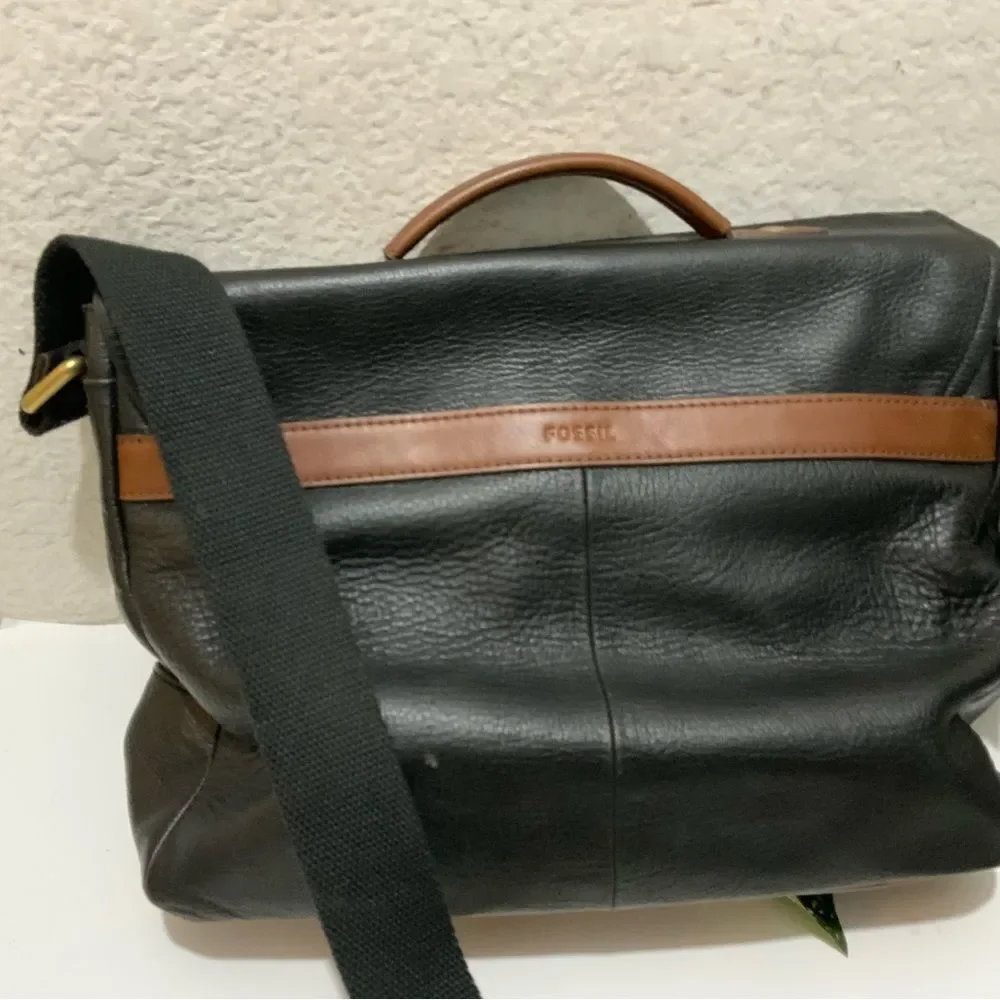 Fossil Black Leather Evan Commuter Satchel Messenger Bag New